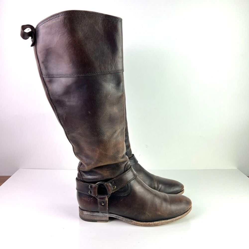 FRYE Women's Melissa Harness Extended Calf Leather Riding Zip Up Knee Boots 8B